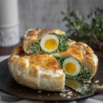 torta pasqualina spinach and ricotta quiche with a slice on top