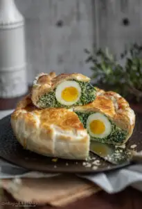 torta pasqualina spinach and ricotta quiche with a slice on top