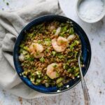 bowl with farro, broccoli and shrimps