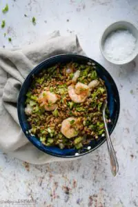 bowl with farro, broccoli and shrimps