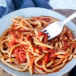 pici pasta with garlic tomato sauce
