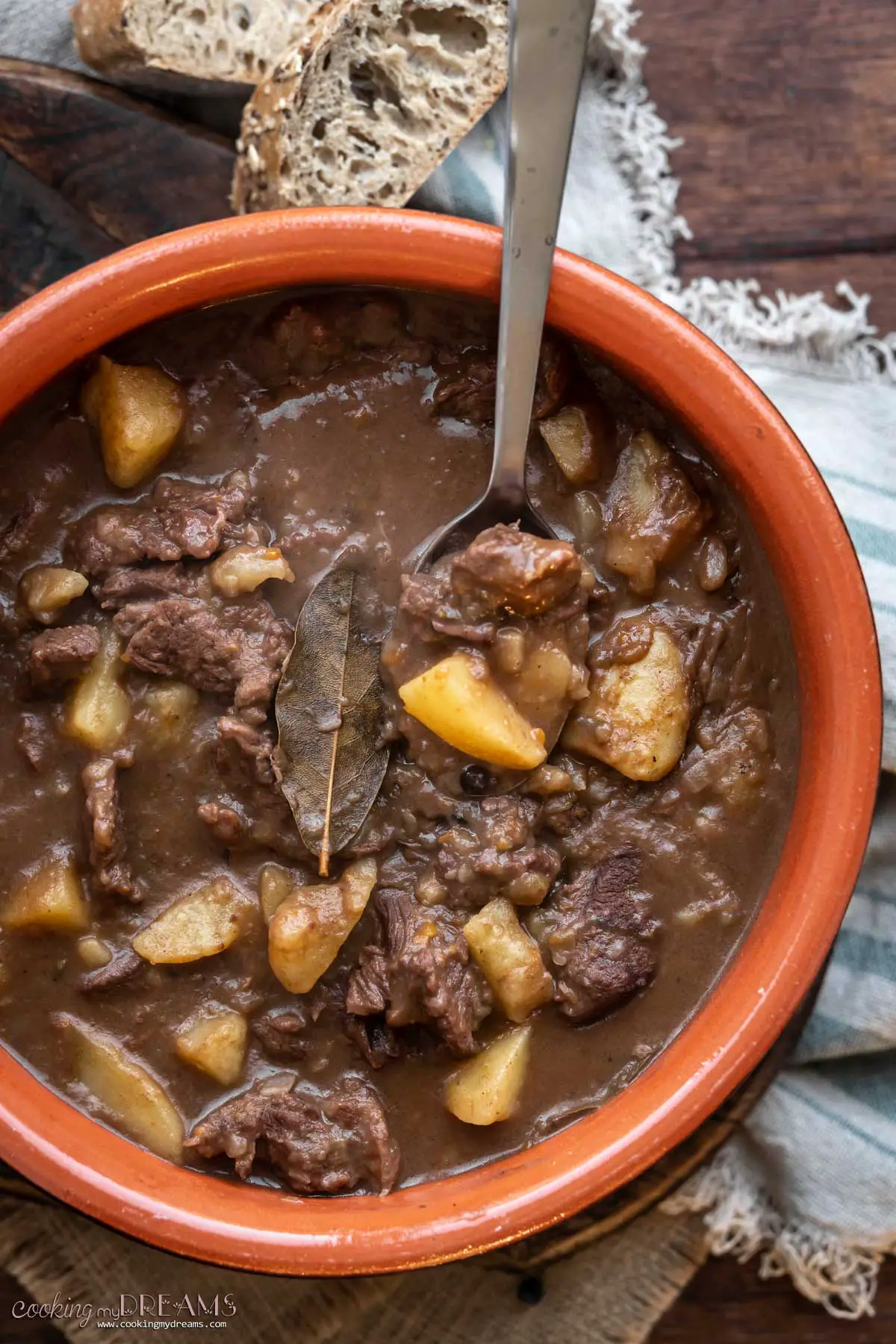 spoon in a terracotta pot with venison and potatoes stew