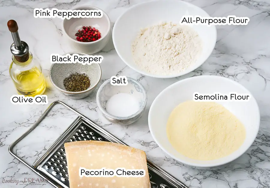 Ingredients shot with flour, pecorino cheese, pepper and salt