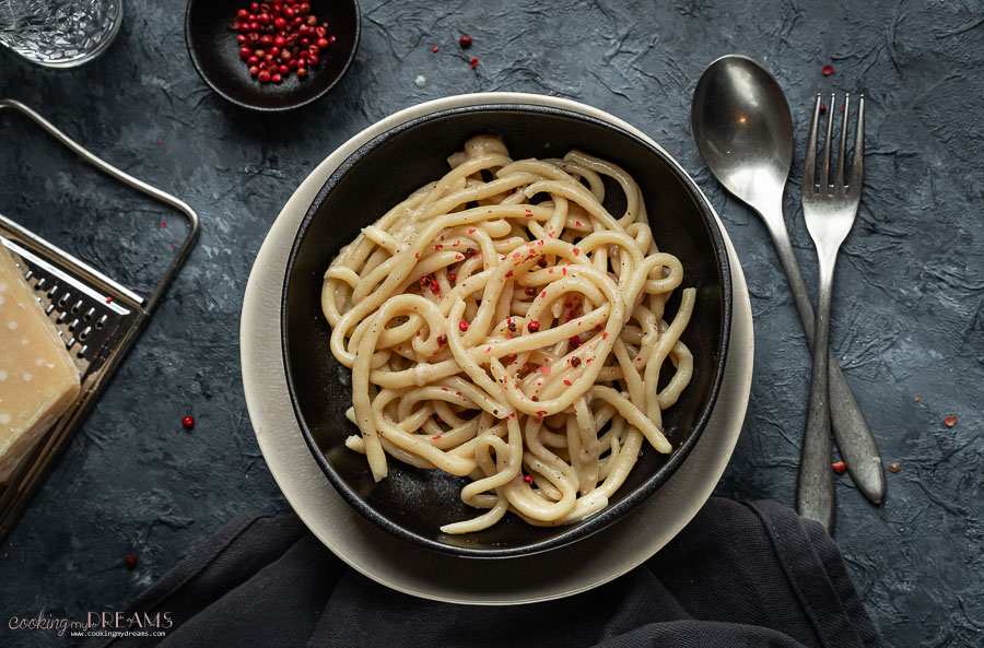 Pici Cacio e Pepe Tuscan Pasta with Creamy Cheese and Black