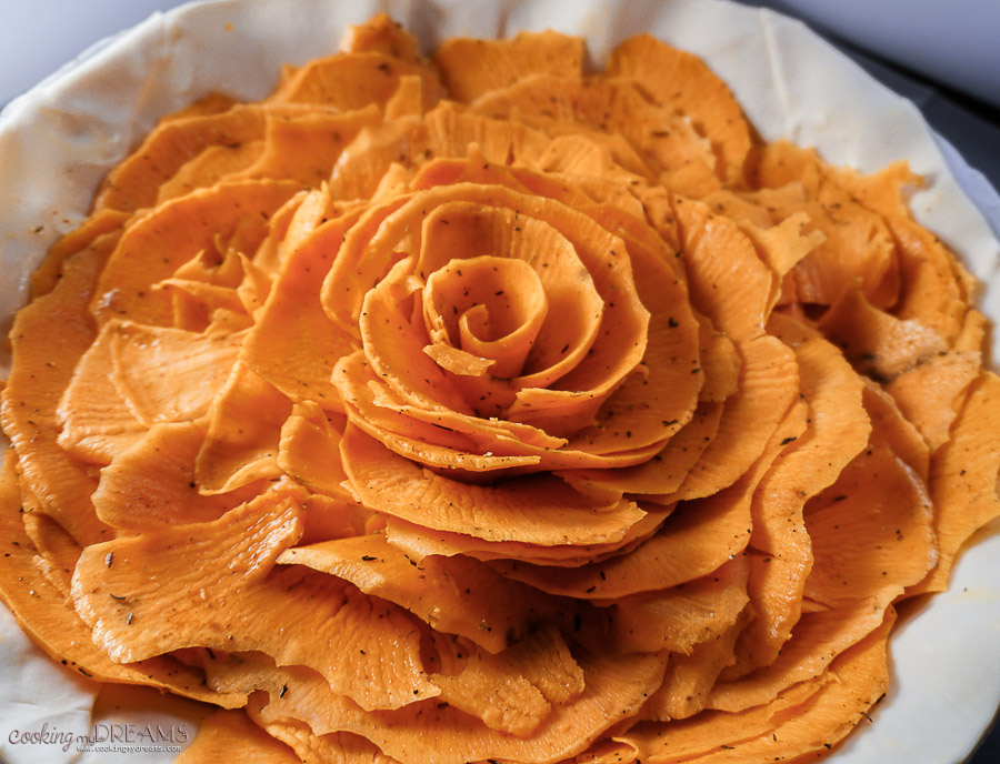 close up of sweet potato slices arranged as a flower