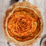 overhead of a sweet potato and goat cheese quiche
