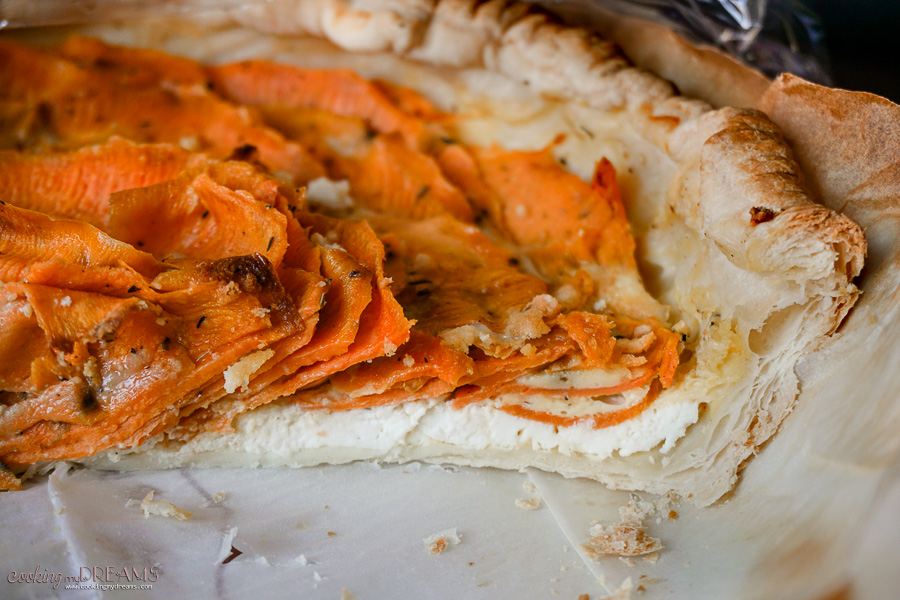 slice of goat cheese and sweet potato savory pie