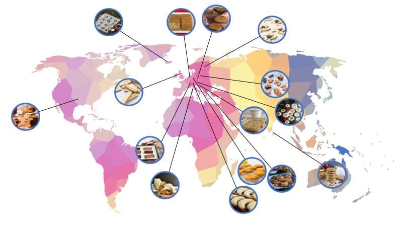 colorful map showing the country of origin of various chrismas cookies