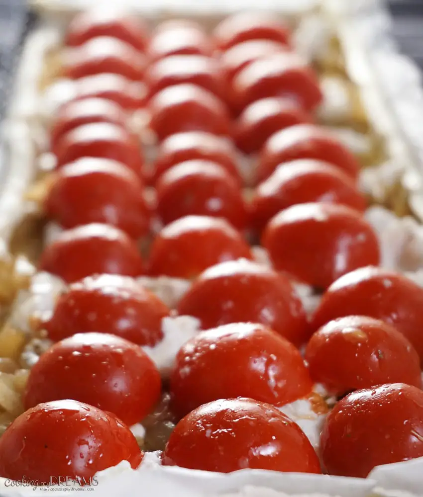 close up of lined up cherry tomatoes