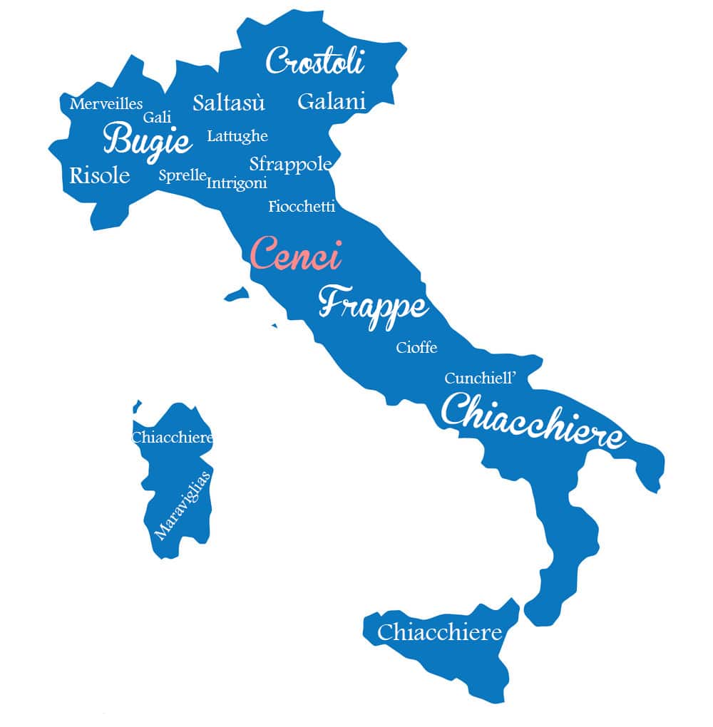 Blue vector map of Italy showing all the different pastry names