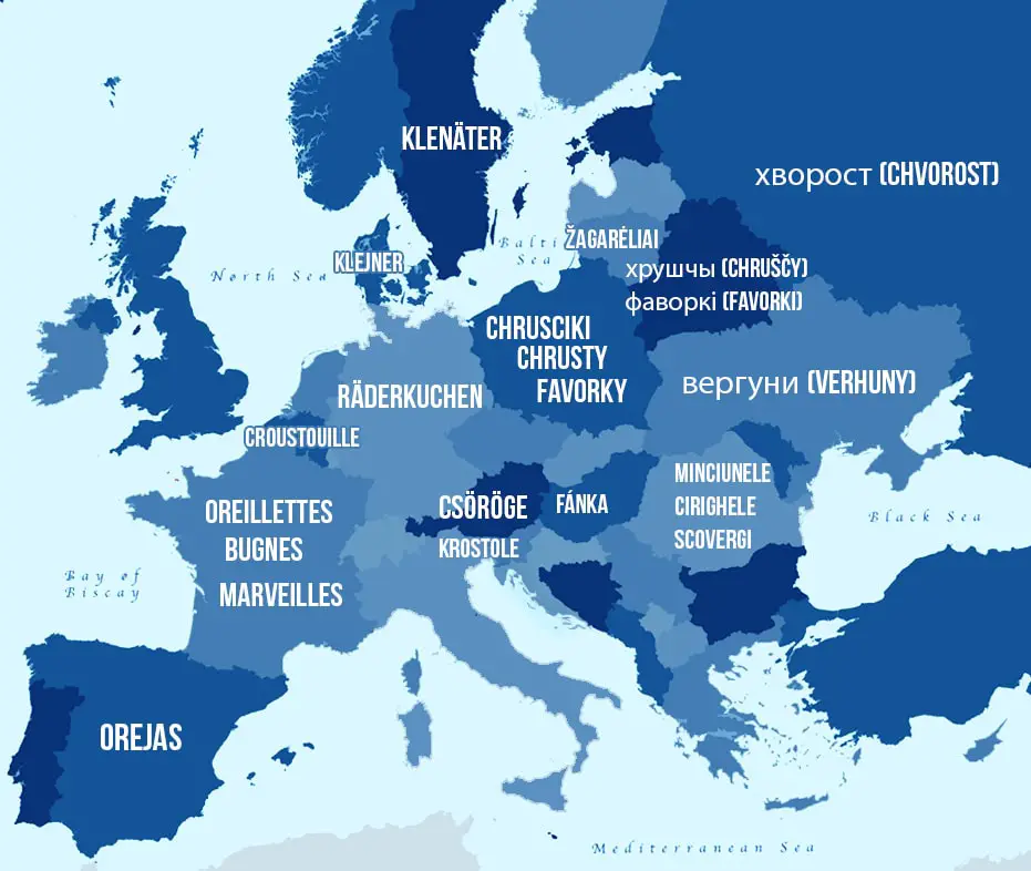 Blue vector map of Europe showing all the different pastry names