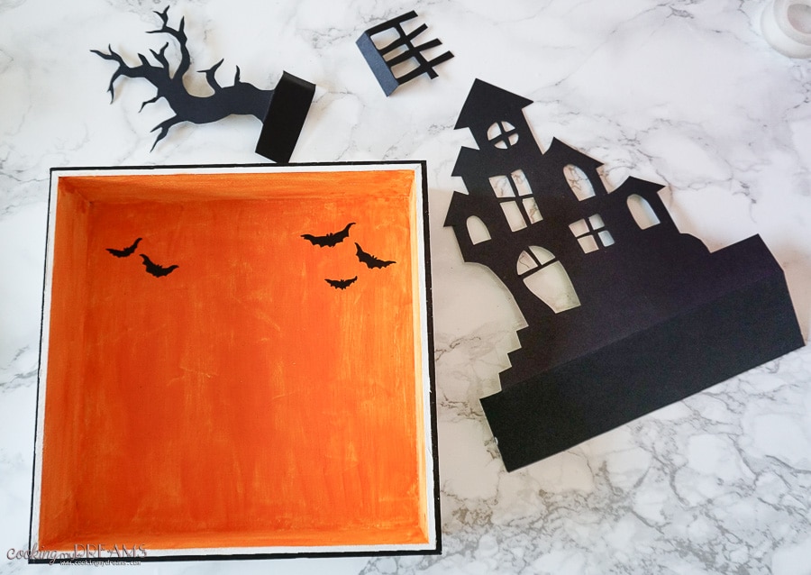 halloween shadow box orange black silhouette haunted house
