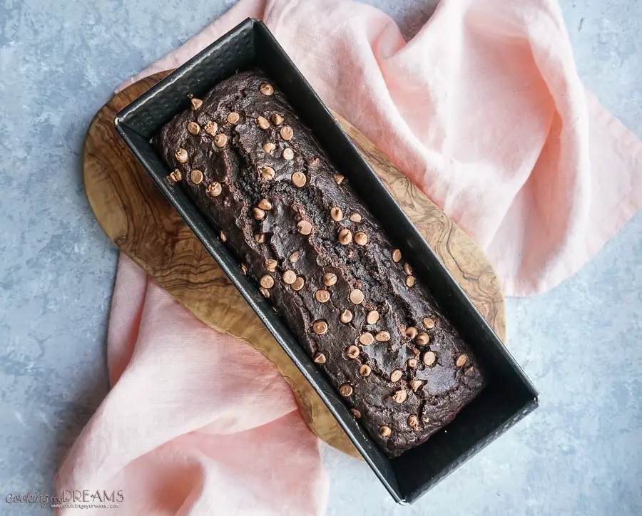 chocolate banana bread in a loaf pan
