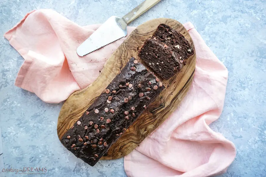 overhead chocolate banana bread with 2 slices