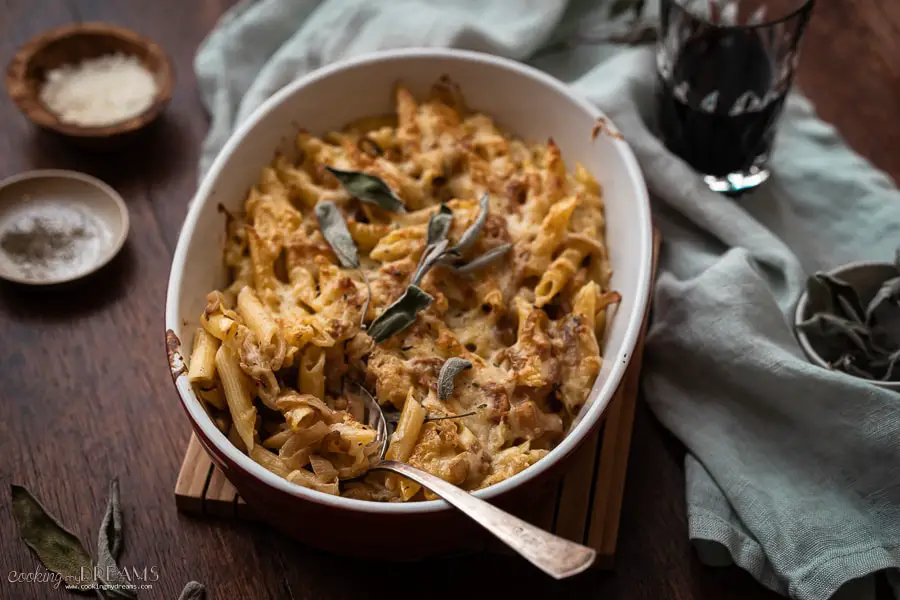 baked french onion pasta bake with a spoon
