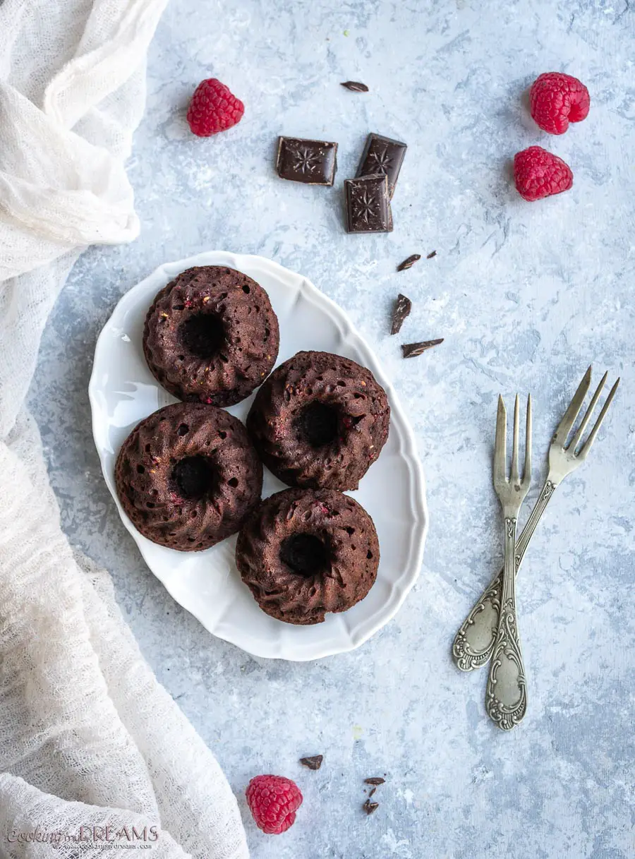 plate with 4 mini chocolate bundt cakes