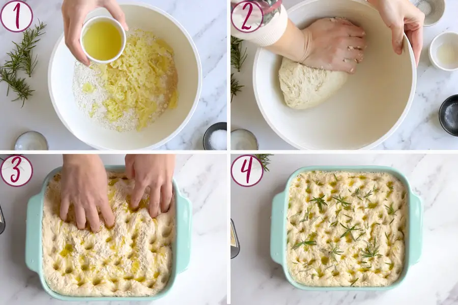 step-by-step process of how to make potato rosemary focaccia