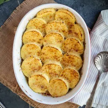 gnocchi alla romana in a baking dish ready to be served