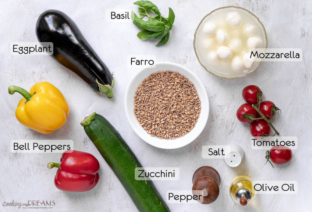 list of ingredients to make farro salad