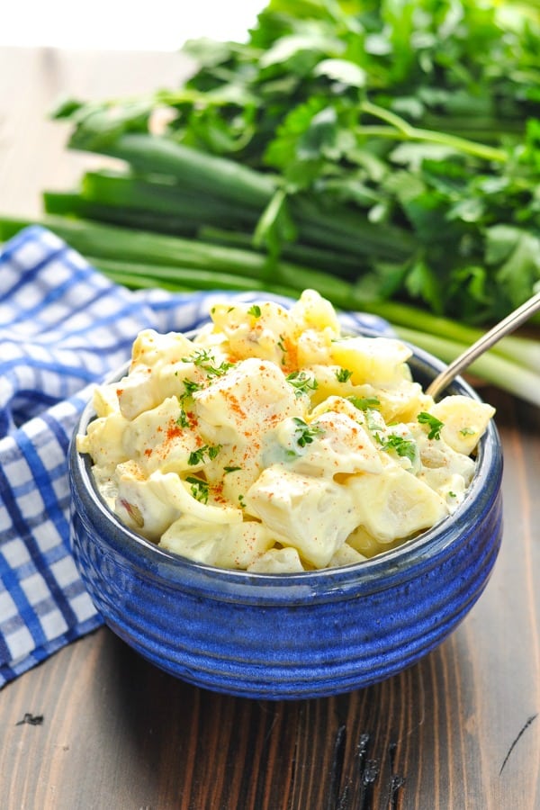 blue bowl of southern potato salad
