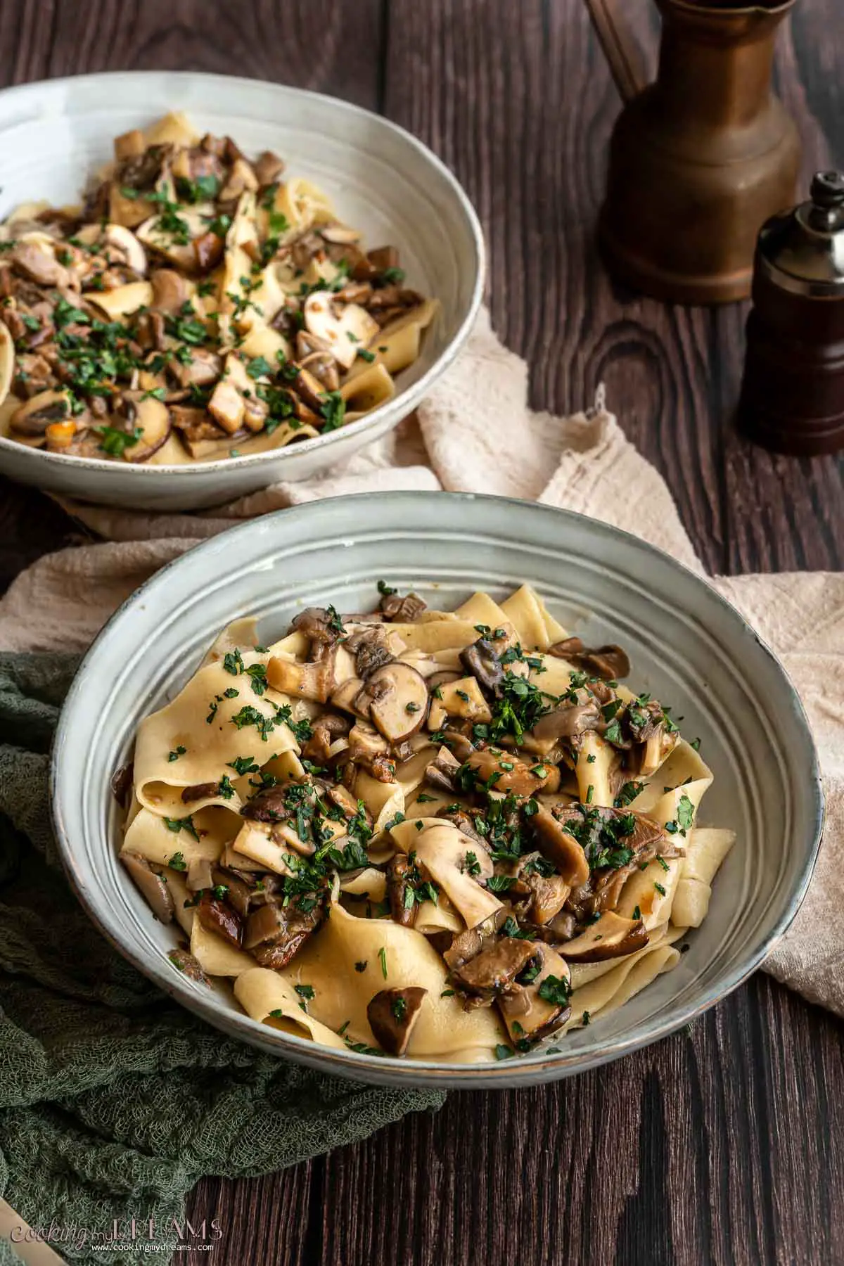 two bowl with ribbon pasta and mushrooms