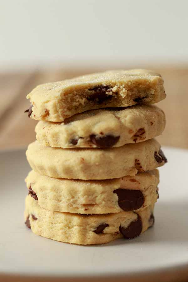 stack of chocolate chip shortbread cookies