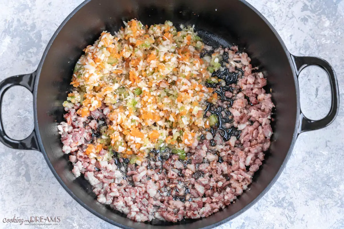 minced soffritto and pancetta cooking in a pan