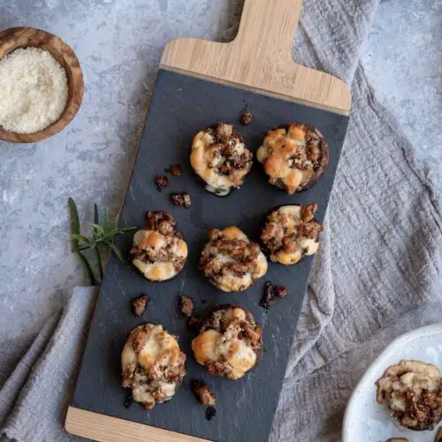 overhead of serving tray with stuffed mushrooms