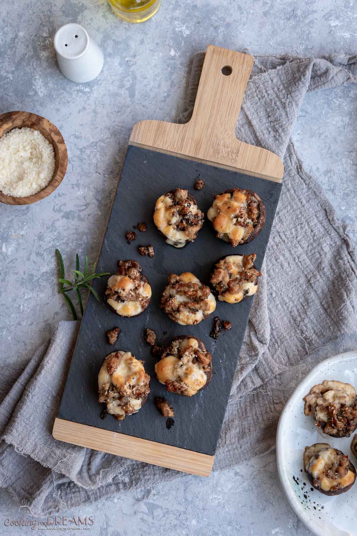 overhead of serving tray with stuffed mushrooms