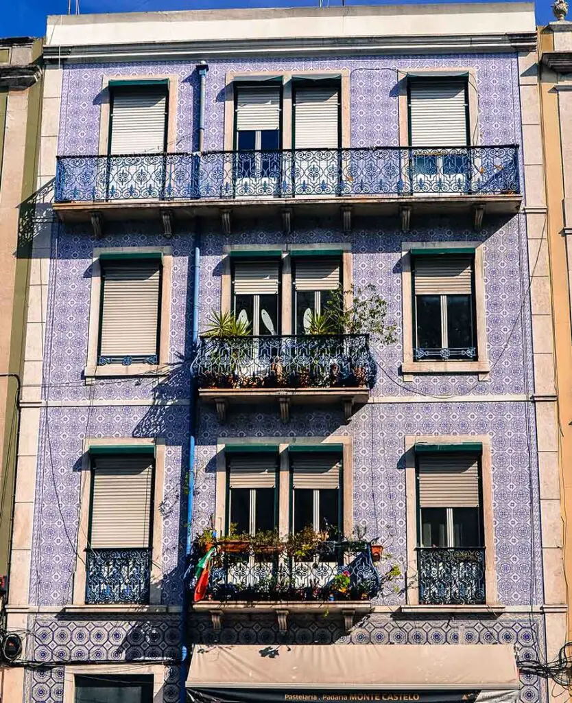 Building covered with azulejos decorated tiles in Lisbon