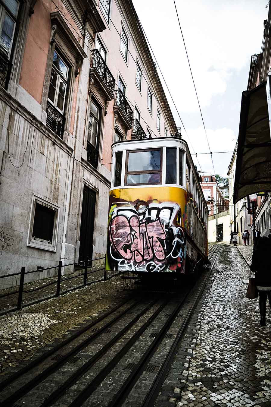 photo of a tram through the small streets of lisbon
