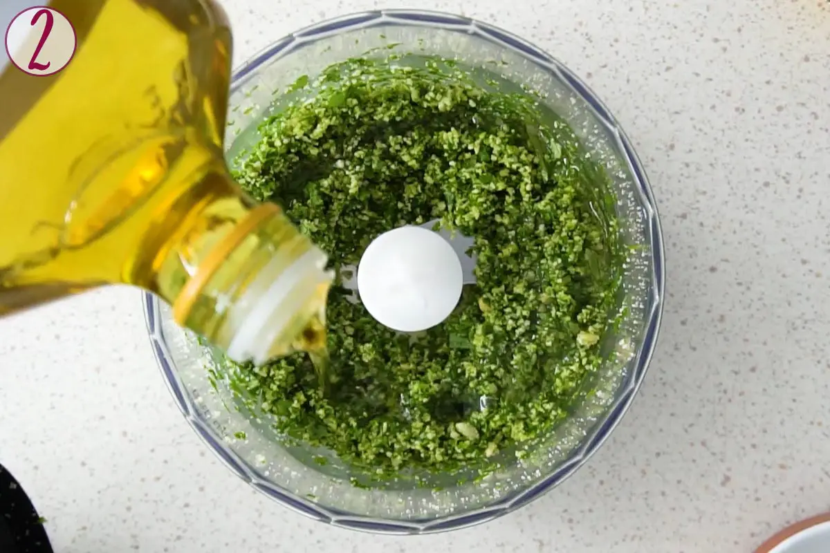 how to make pesto, add the olive oil