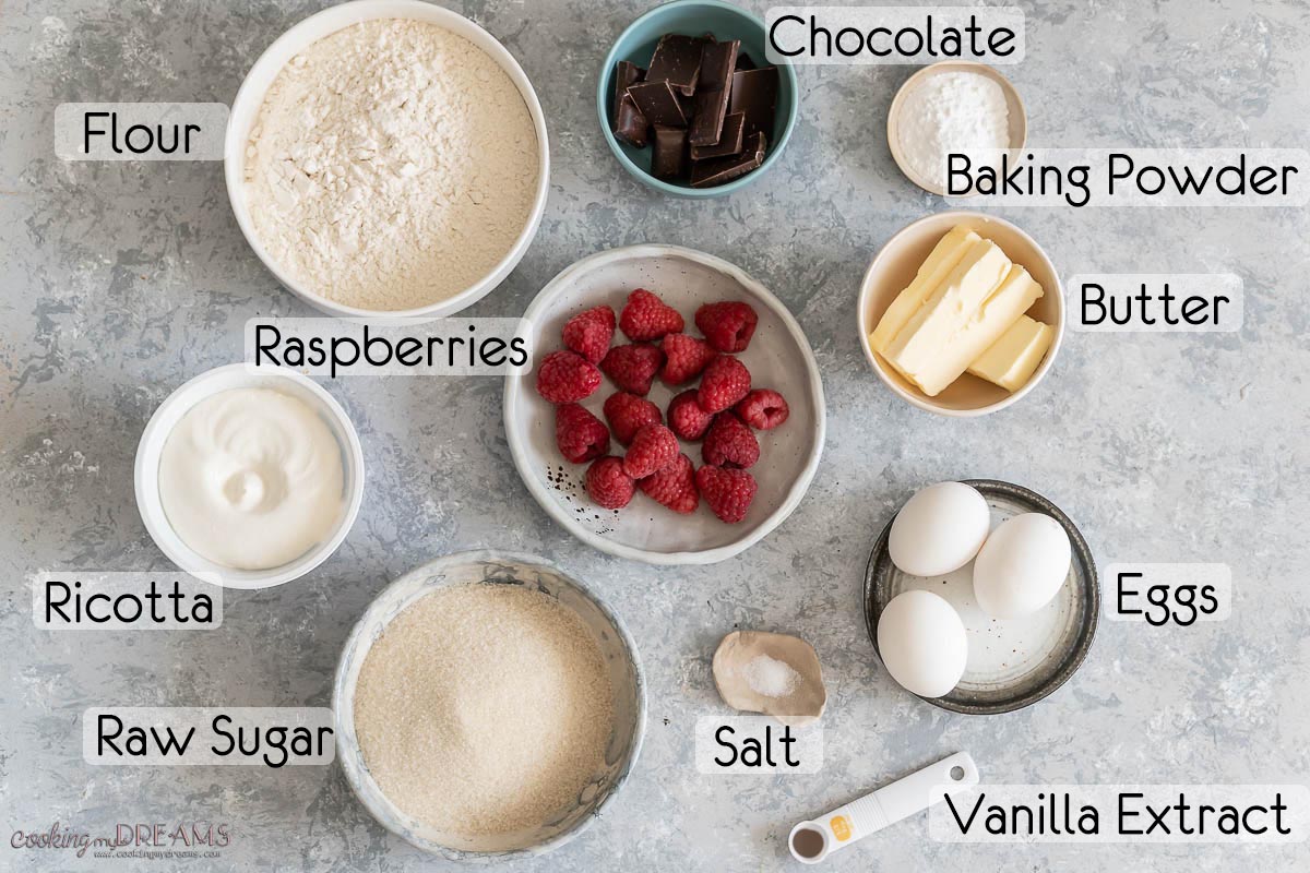 ingredient list to make ricotta raspberry cake