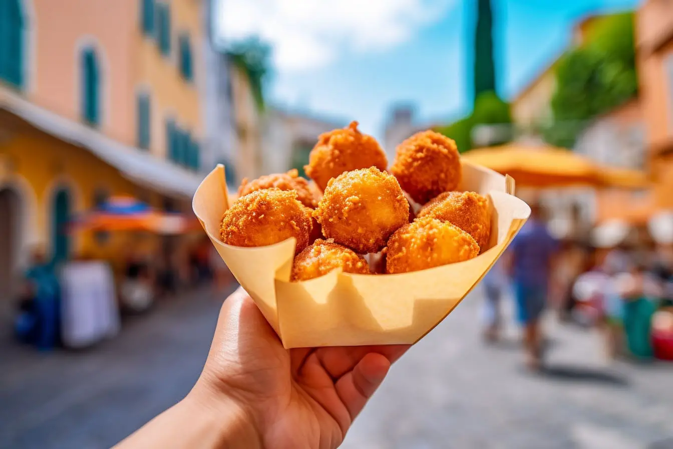 hand holding a plate of fried arancini on a italian street.
