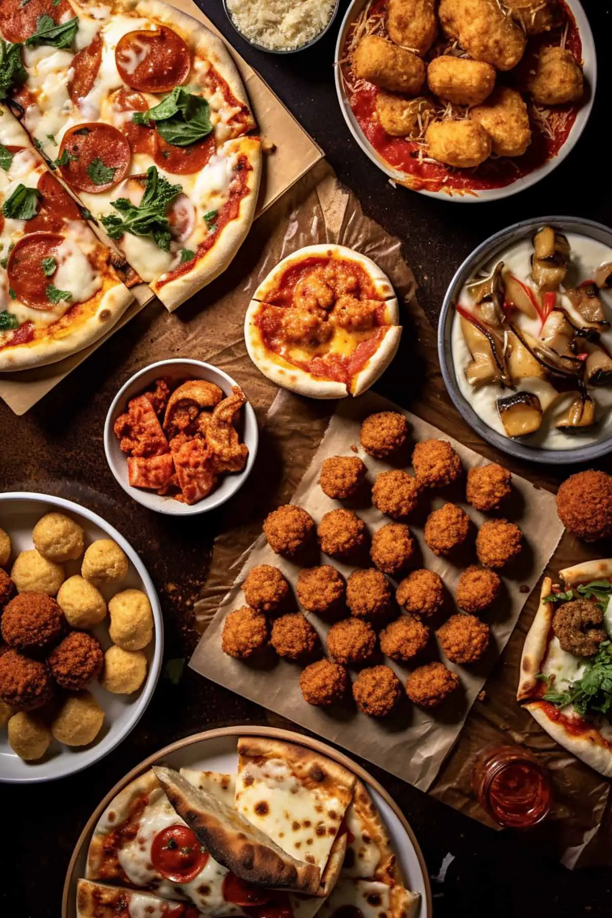 spread of italian street foods on a table.