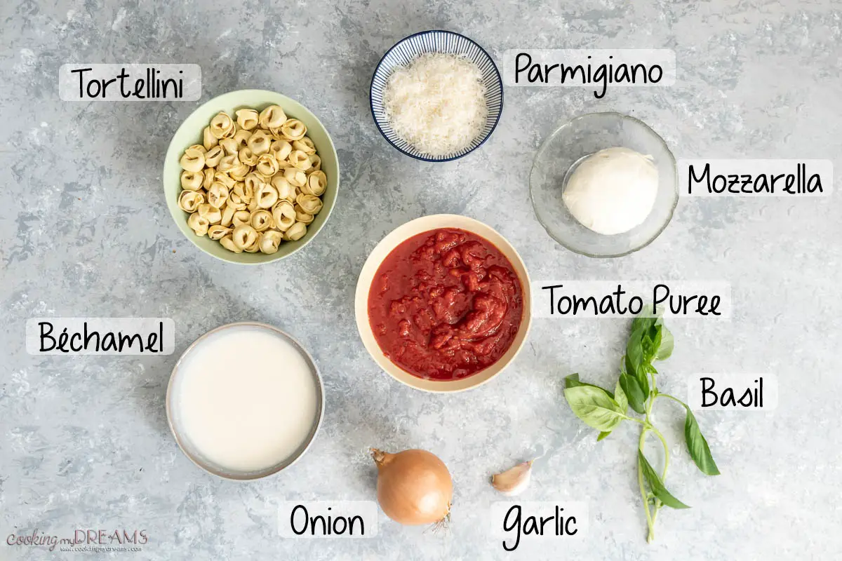 ingredients to make cheesy baked tortellini