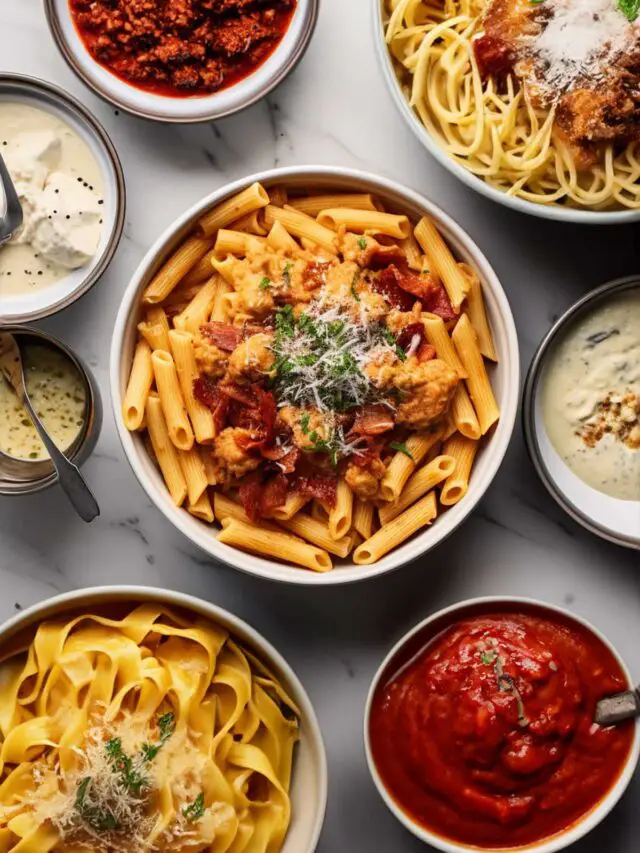 overhead photo of various bowls of pasta and sauces