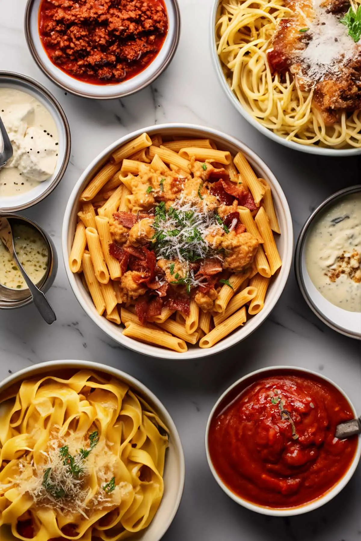 overhead photo of various bowls of pasta and sauces