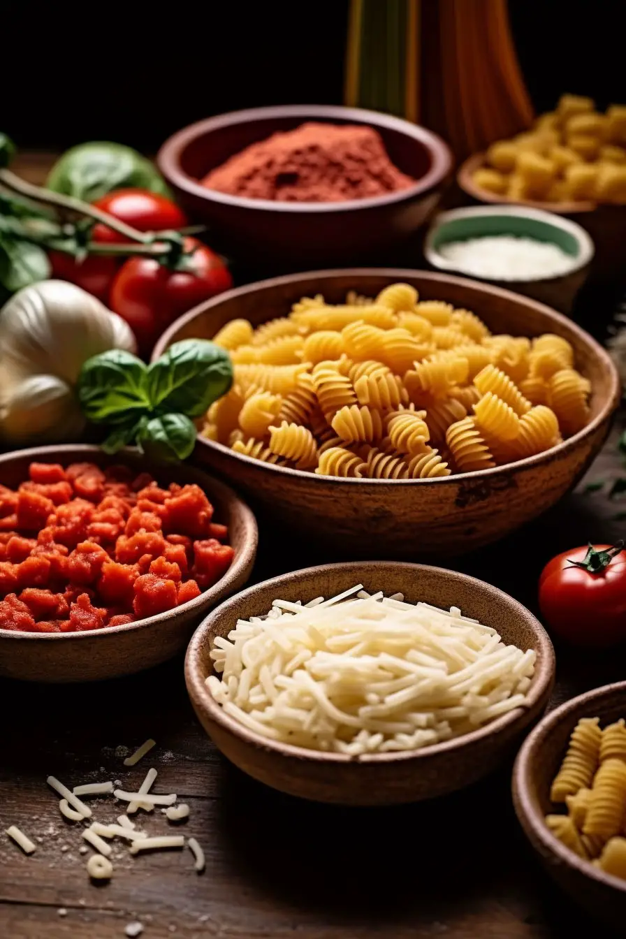 bowls of pasta, sauces, and cheese on a table