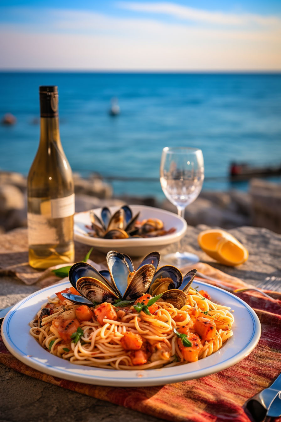 dish of seafood spaghetti next to a bottle and glass of wine.