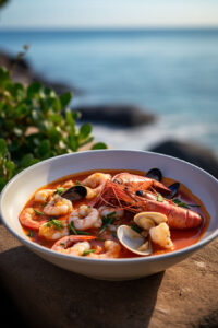 bowl of seafood stew with ocean in the background.