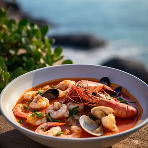 bowl of seafood stew with ocean in the background.
