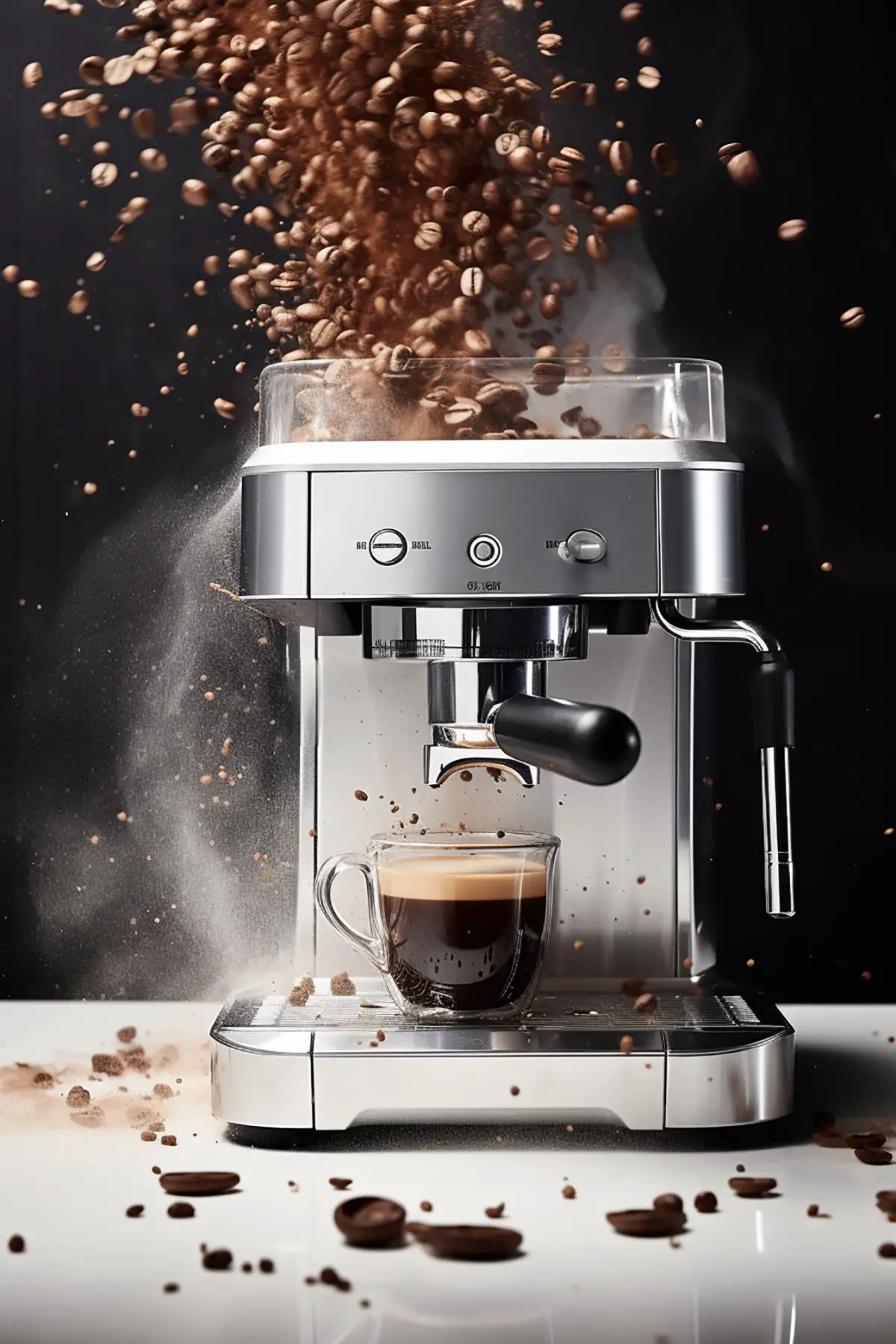 coffee beans falling on an italian espresso machine. 