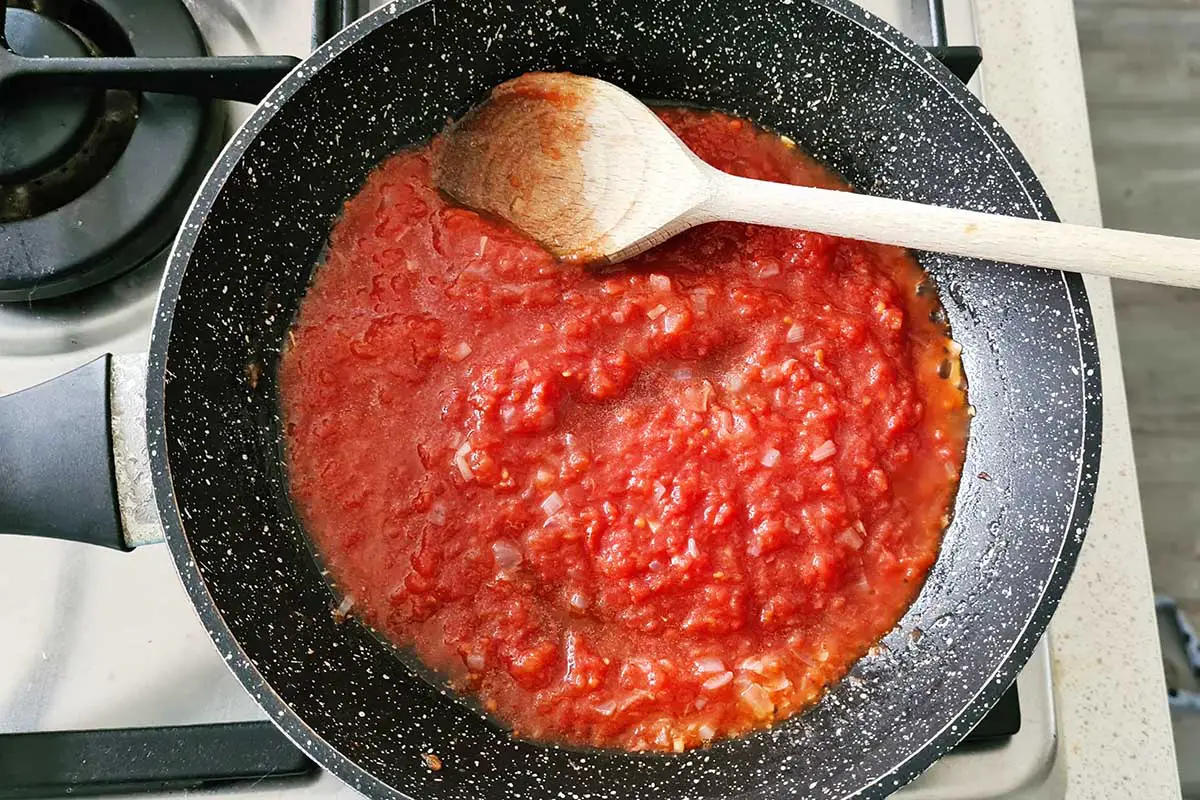 spoon in the pan with tomato sauce.