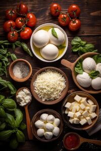 overhead photo of different types of mozzarella cheese into bowls on a wooden table.