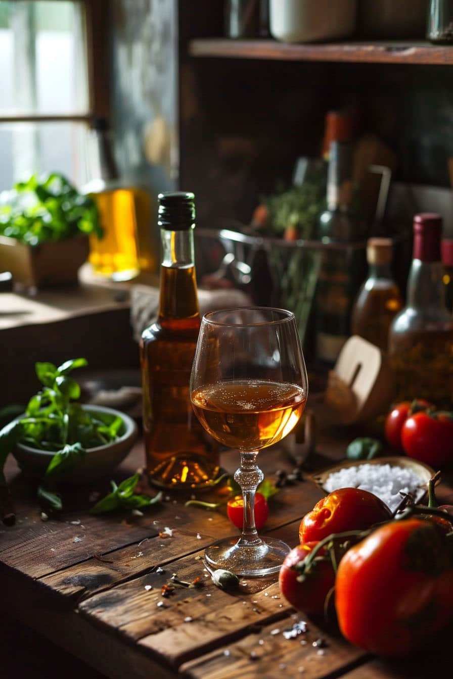 marsala wine bottle next to a glass on a wooden table with ingredients.