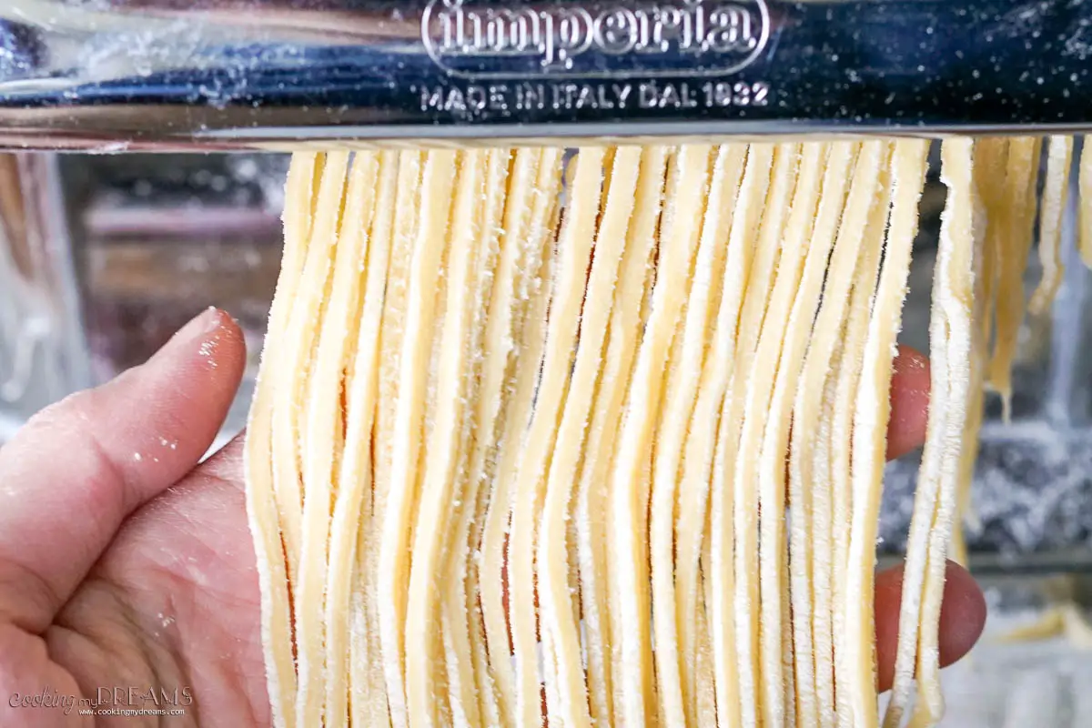 spaghetti pasta out of a pasta machine