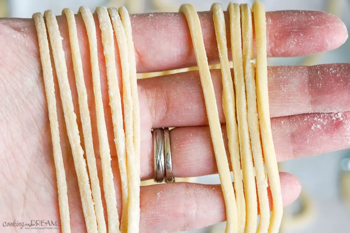 hand holding tonnarelli pasta