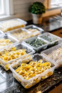 tortelli and fresh pasta inside storage containers.