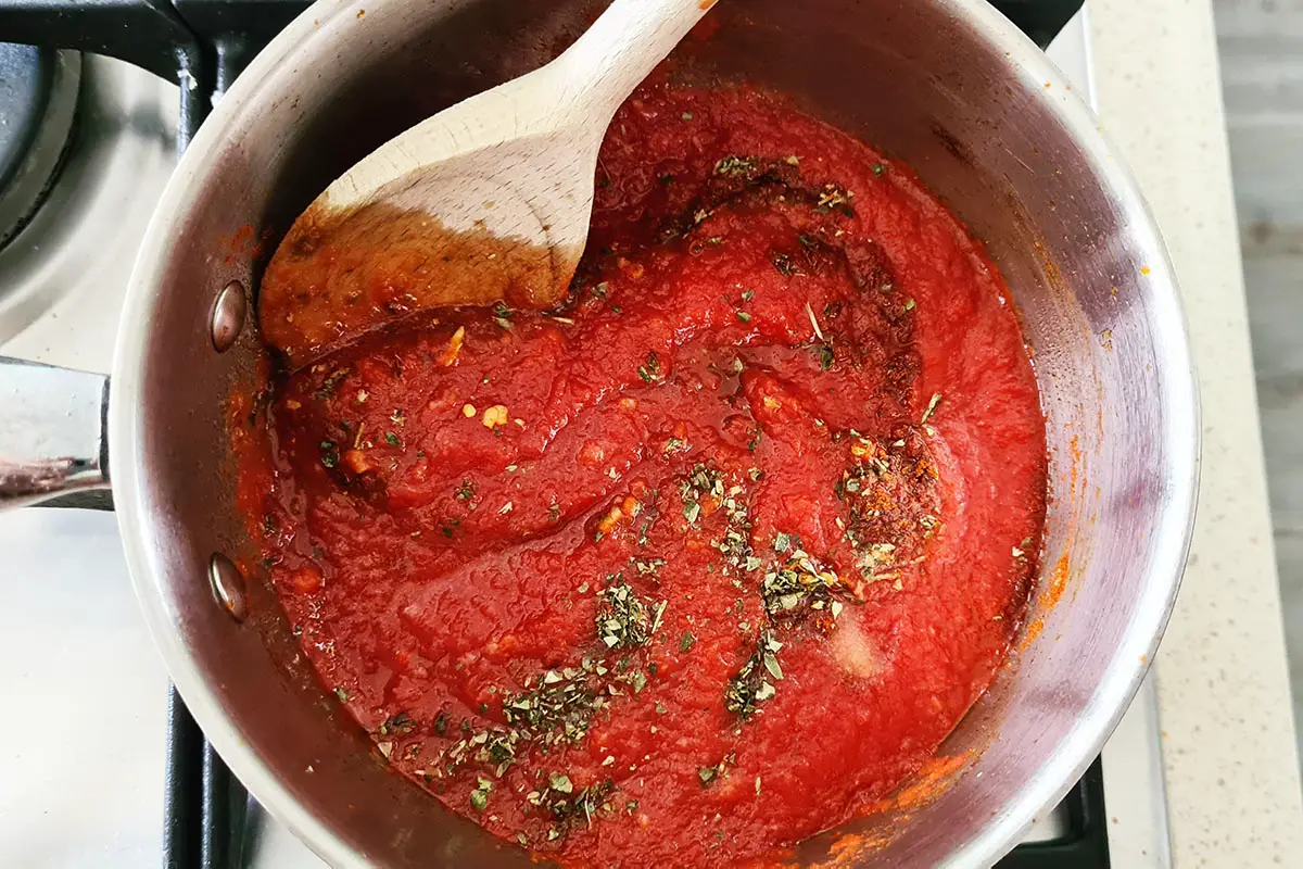 tomato sauce in a saucepan.